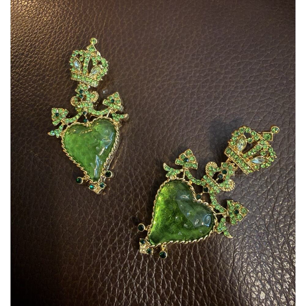 Antique Crystal Sacred Heart Lucite Crown Earrings Gold Museum Baroque Gothic CZ - Picture 5 of 9